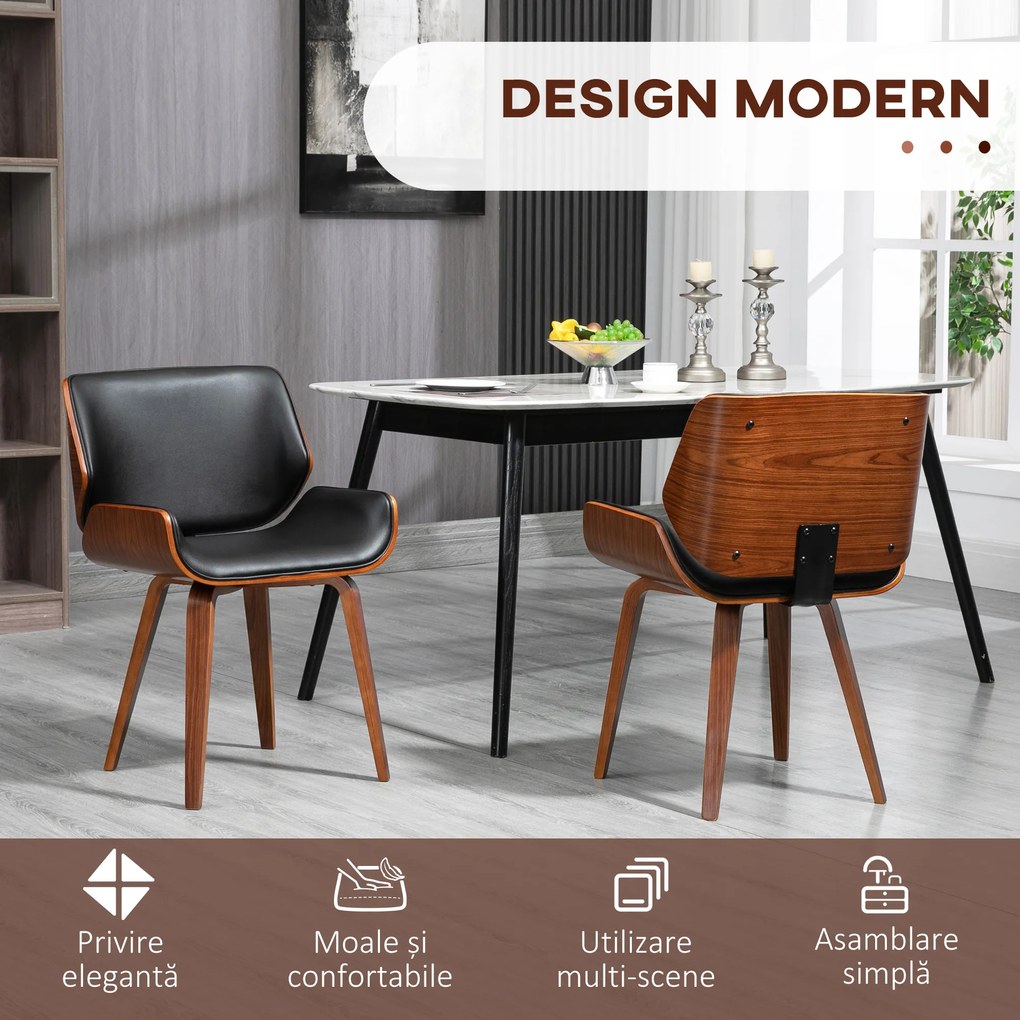 HOMCOM Set de 2 Scaune de Sufragerie Stil Vintage Îmbunătățite în Lemn și Piele Sintetică PU, Negru și Lemn | Aosom Romania