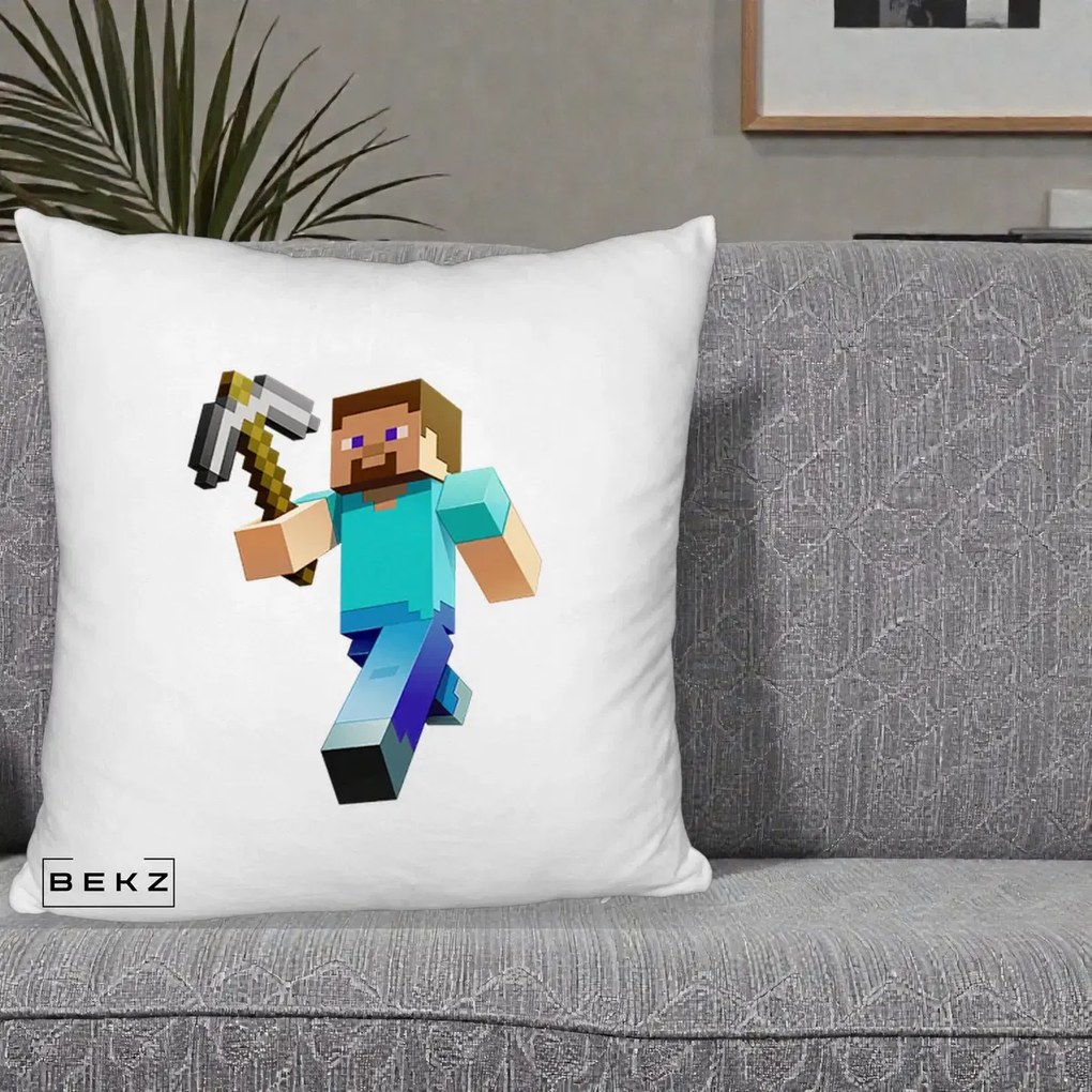 Perna Personalizata Minecraft Steve cu Tarnacop, 40x40 cm, Alb Pufos, Husa Detasabila, Perna Inclusa, BEKZ®
