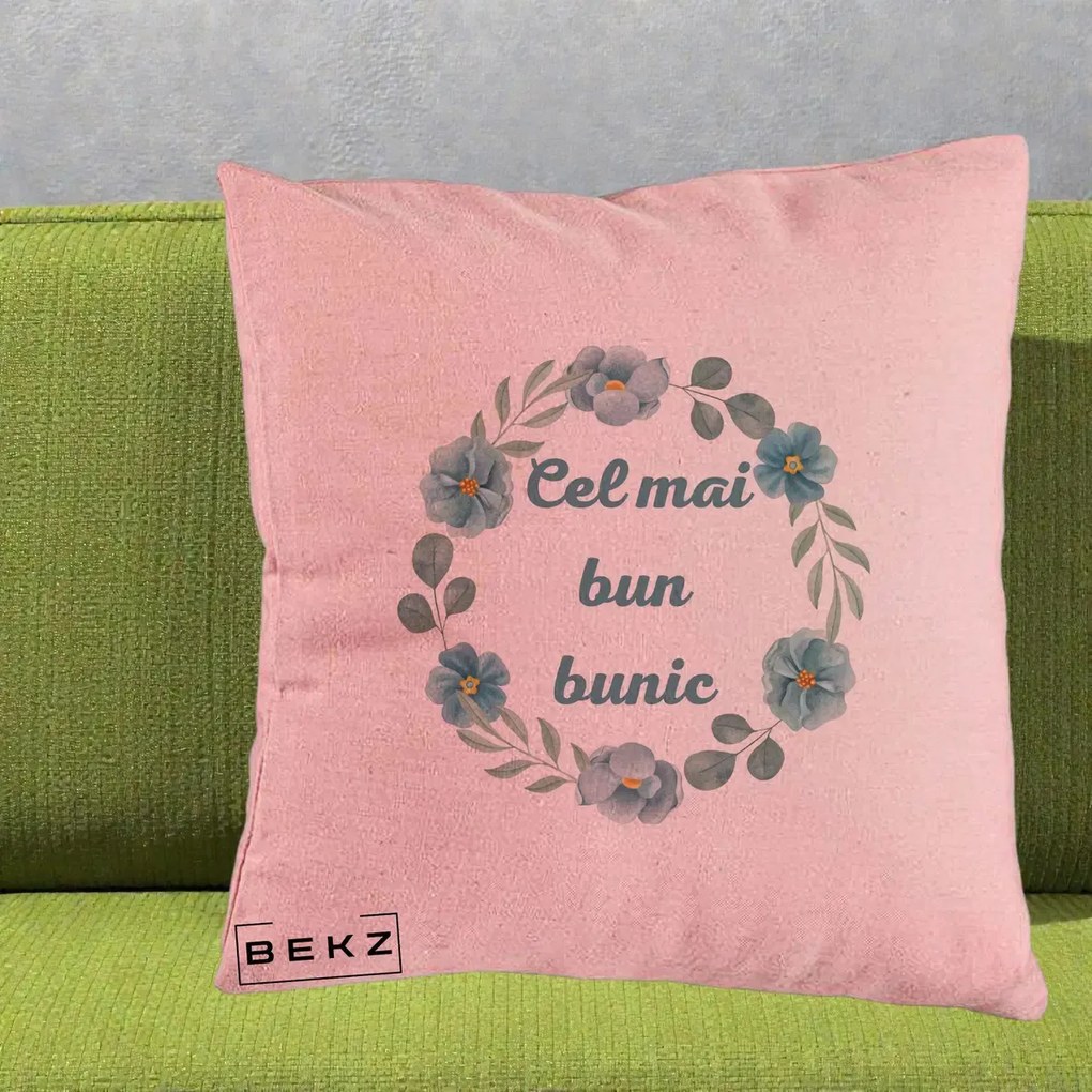 Cadou pentru Bunic - Perna Personalizata Cel Mai Bun Bunic Coronita Flori Albastre Teal, 40x40 cm, Roz, Husa Detasabila, Perna Inclusa, BEKZ®