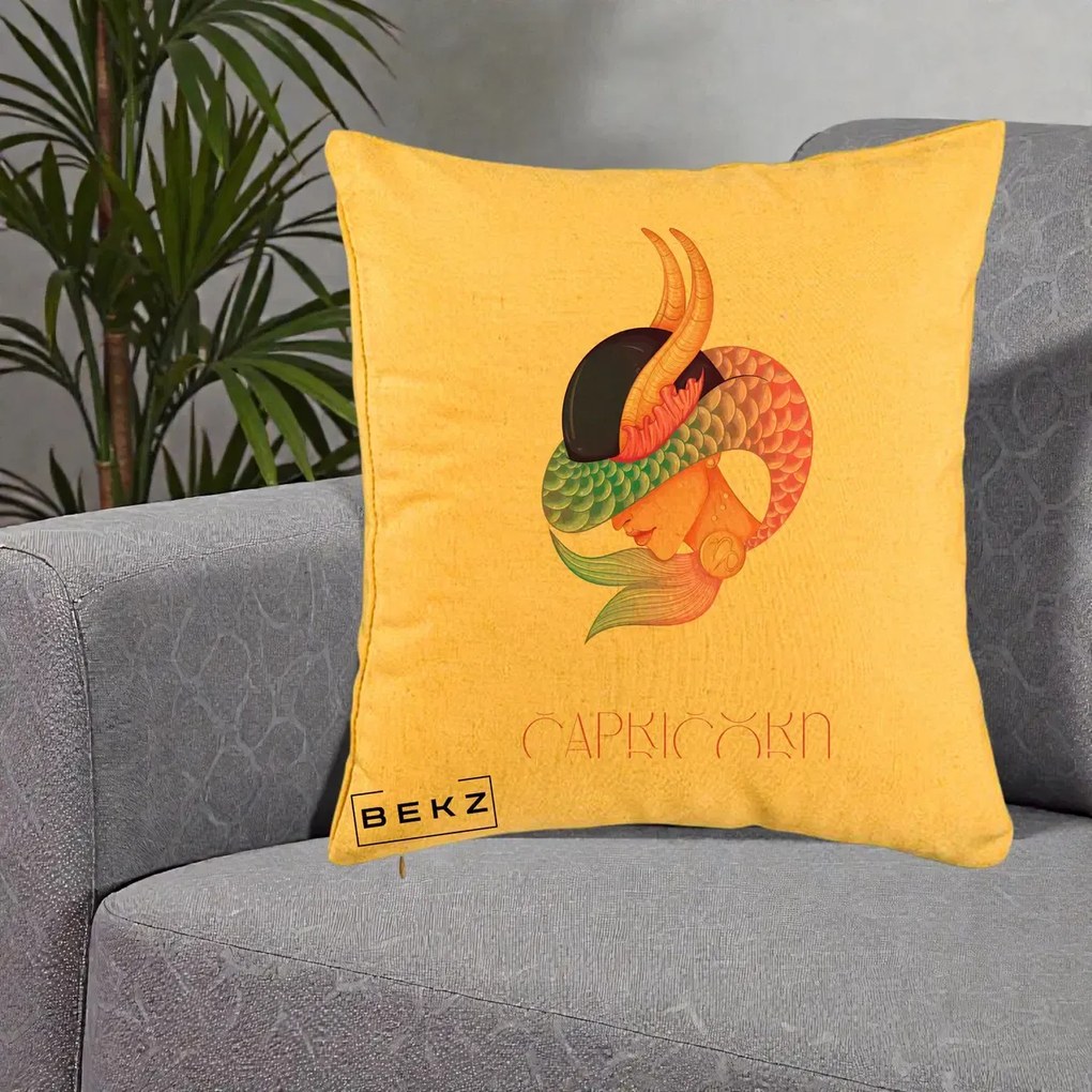 Perna Personalizata Zodiac Capricorn Cowgirl, 40x40 cm, Galben, Husa Detasabila, Perna Inclusa, BEKZ®