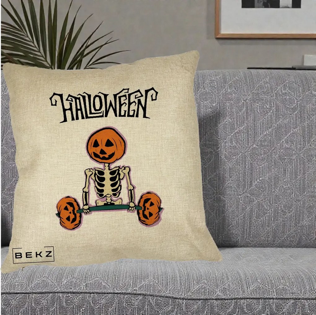 Perna Decorativa Halloween Schelet cu Cap de Dovleac Powerlifting, 40x40 cm, Crem, Husa Detasabila, Perna Inclusa, BEKZ®