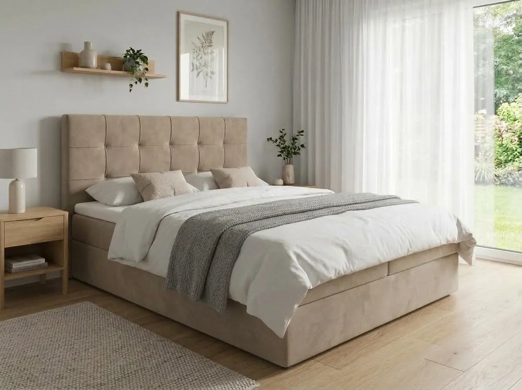 Pat tapițat tip boxspring DIRELIS TRINITY160x200 cm bej Saltea: Saltea cu arcuri Bonell