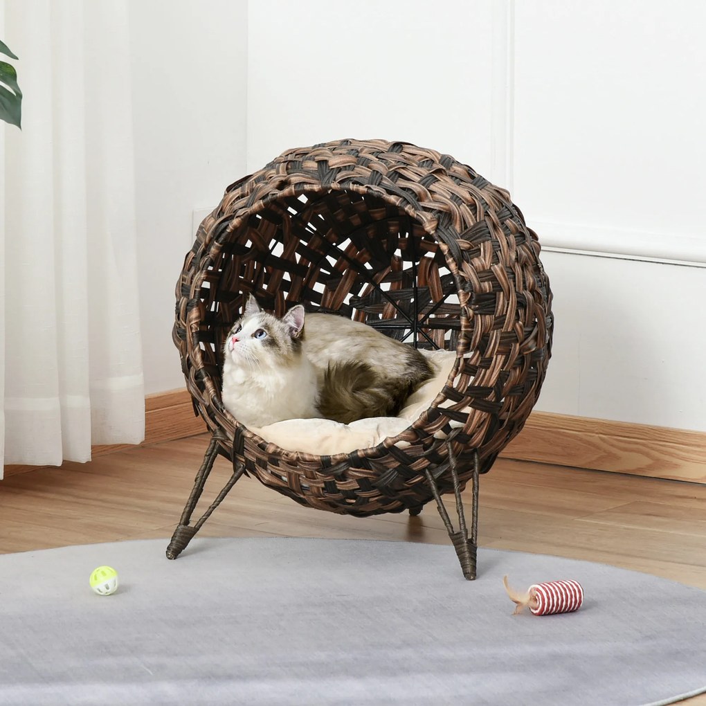 PawHut Pat pentru Pisici din Ratan de 52 cm, Căsuță Ridicată Rotundă cu Pernă, Maro | Aosom Romania