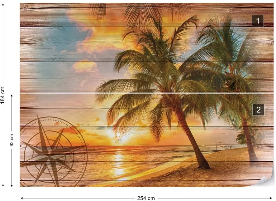 GLIX Fototapet - Rustic Tropical Beach Sunset Wood Planks Vliesová tapeta  - 254x184 cm