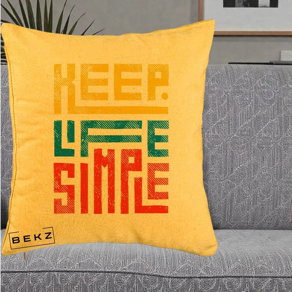 Perna Decorativa Keep Life Simple Colorat, 40x40 cm, Galben, Husa Detasabila, Perna Inclusa, BEKZ®
