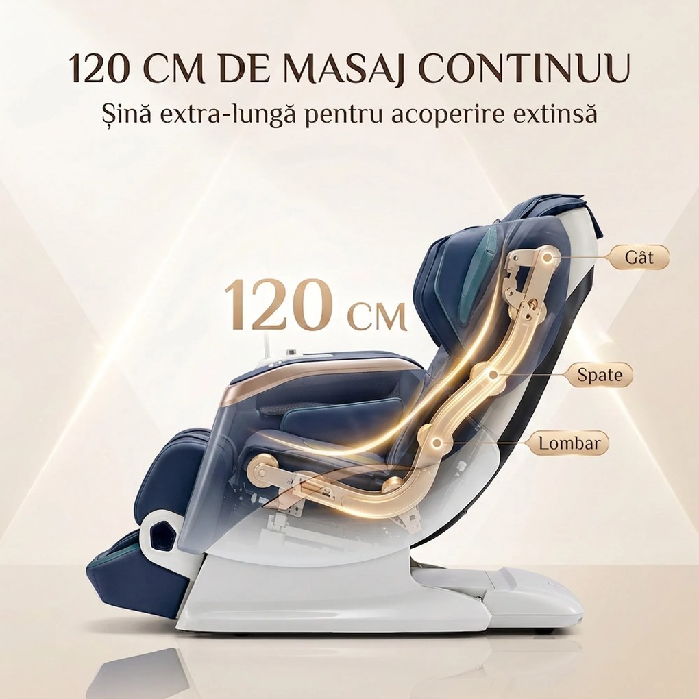 Fotoliu de masaj 4D cu sina de 120 cm, Zero Gravity si incalzire lombara, Albastru