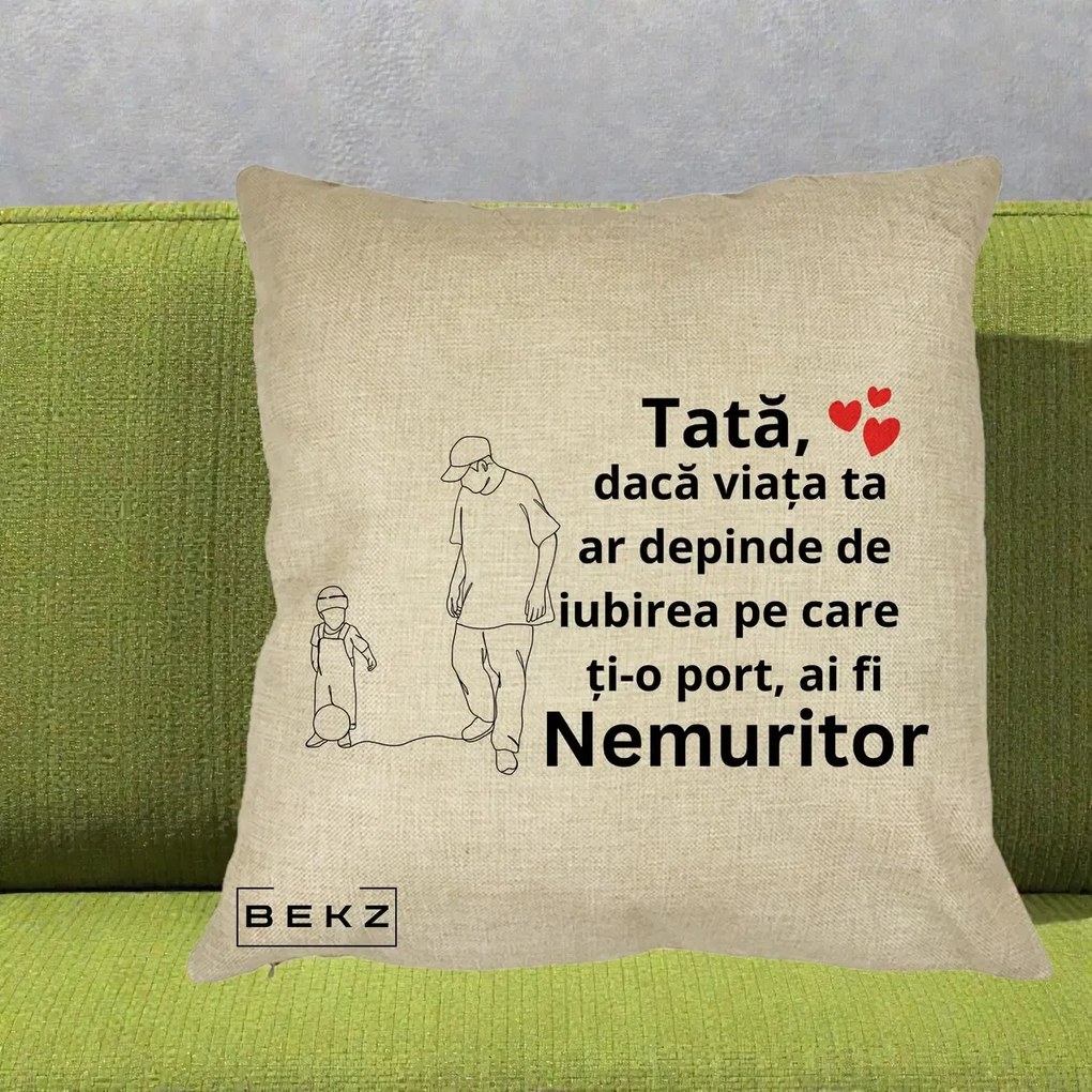 Cadou pentru Tata - Perna Personalizata Tata Nemuritor Joaca cu Mingea, 40x40 cm, Crem, Husa Detasabila, Perna Inclusa, BEKZ®