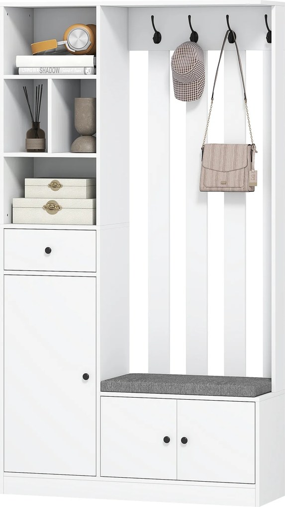 HOMCOM Dulap pentru hol 180 cm cu suport pentru haine, bancă pentru încălțăminte, 4 cârlige, polițe deschise, MDF, Alb | Aosom Romania