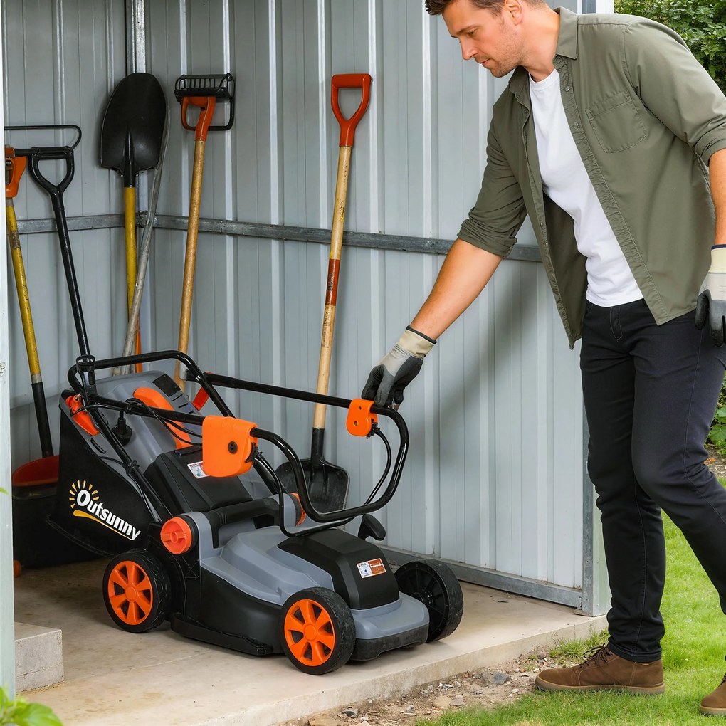 Outsunny Mașină de tuns gazon electrică 1200 W, lățime de tăiere 34 cm, coș colector 35L, funcție mulcire, 6 înălțimi de tăiere, mâner reglabil | Aosom Romania