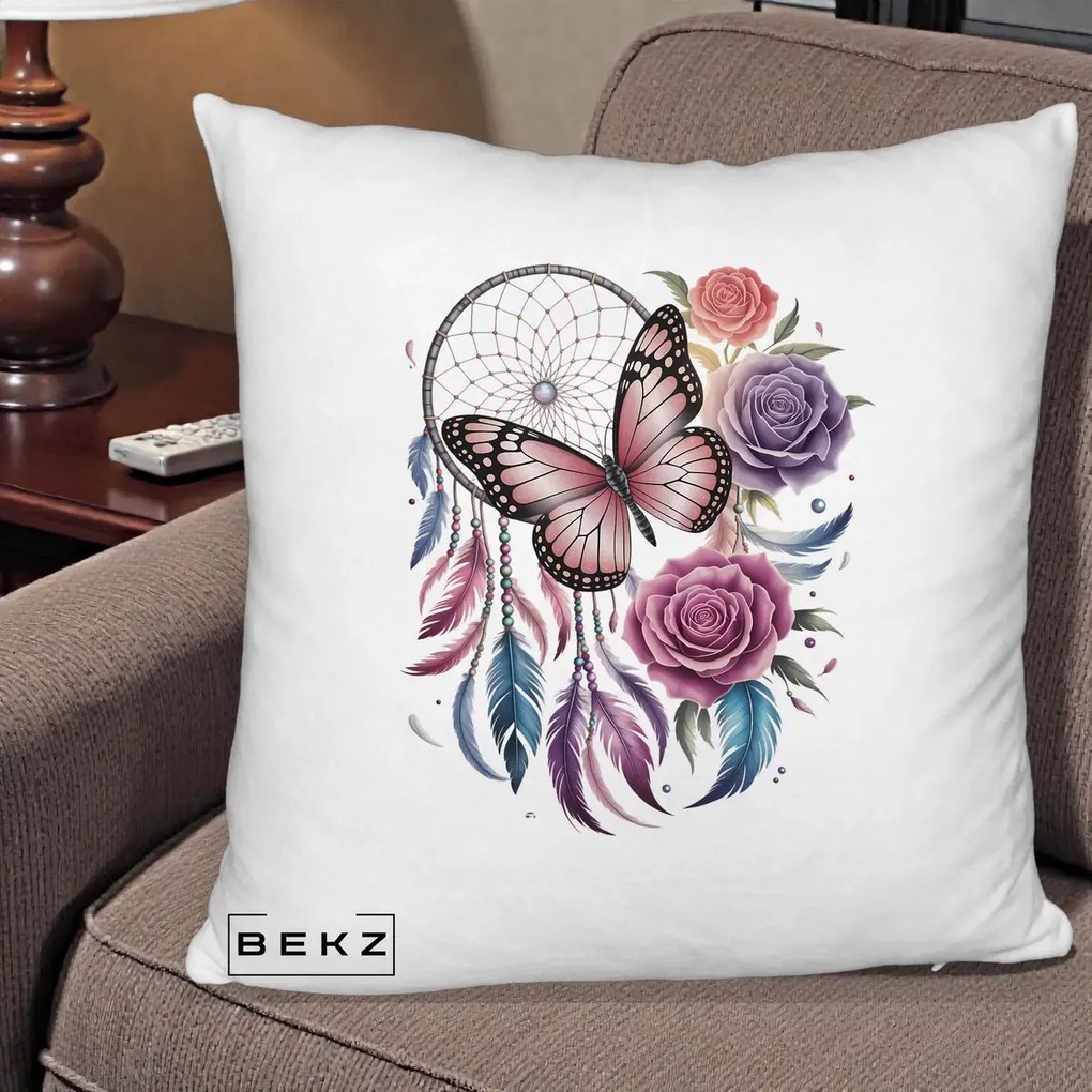 Perna Personalizata Prinzator de Vise cu Fluture si Trandafiri, 40x40 cm, Alb Pufos, Husa Detasabila, Perna Inclusa, BEKZ®