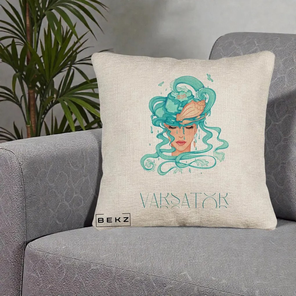 Perna Personalizata Zodiac Varsator Cowgirl, 40x40 cm, Bej Canapea, Husa Detasabila, Perna Inclusa, BEKZ®
