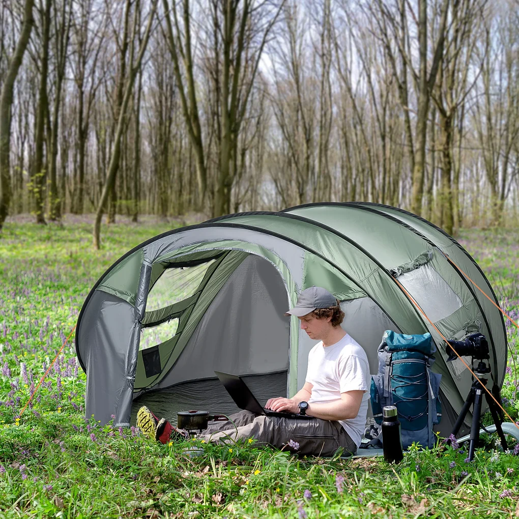 Outsunny Cort de Camping Pop Up pentru 2 Persoane cu 2 Uși, 4 Ferestre și Înveliș Impermeabil, 263.5x220x123 cm, Verde | Aosom Romania