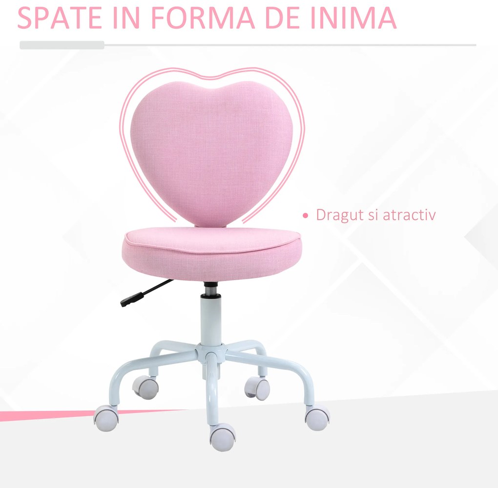 HOMCOM Scaun de Birou în Formă de Inimă, Bază cu 5 Roți, Înălțime Reglabilă, 40x50x79-89 cm, Roz | Aosom Romania