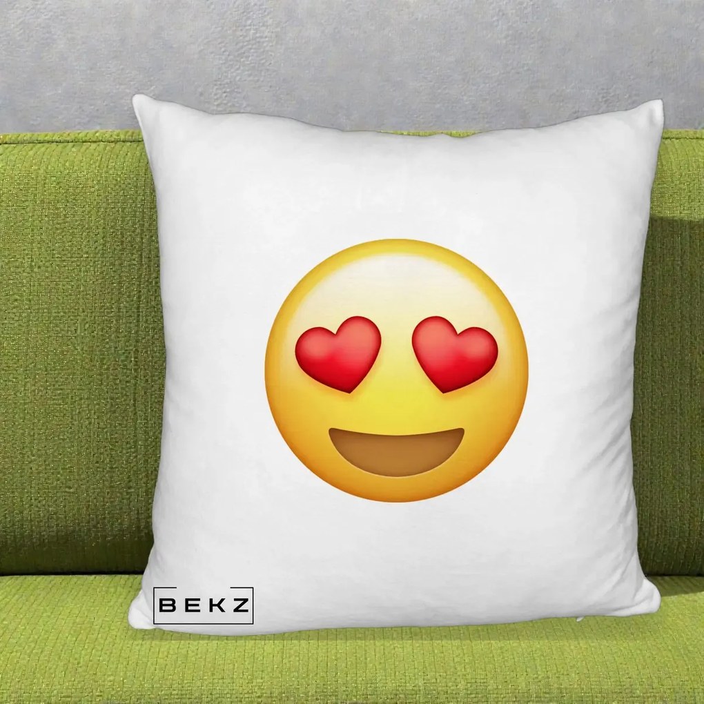 Perna Decorativa Emoji Inimi in Ochi, 40x40 cm, Alb Pufos, Husa Detasabila, Perna Inclusa, BEKZ®