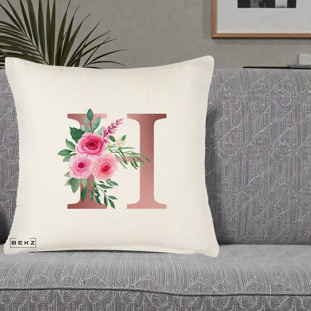 Cadou Personalizat - Perna Personalizata Monograma Rose Gold Litera H, 40x40 cm, Crem Reliefat, Husa Detasabila, Perna Inclusa, BEKZ®