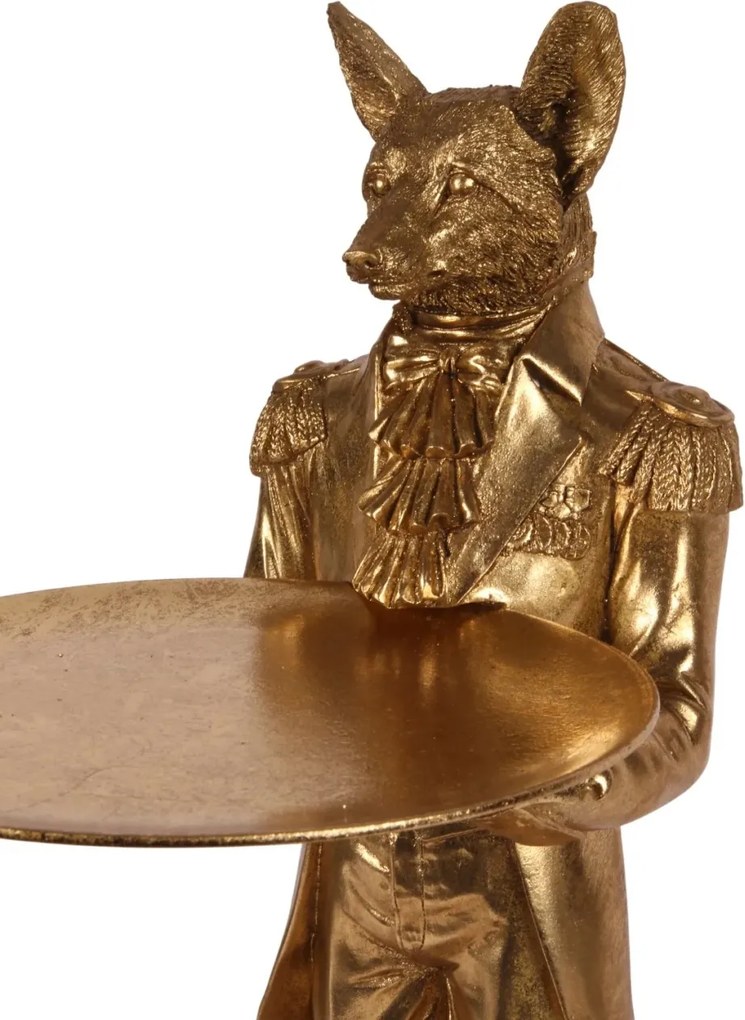 Statuetă decorativă din polirășină, auriu, vulpe în frac cu tavă rotundă, 54,5 x 30 x 20 cm, „Renard”