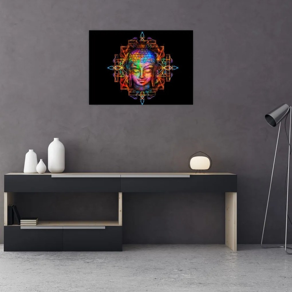 Tablou pe sticlă - Bustul lui Buddha în culori neon (70x50 cm)