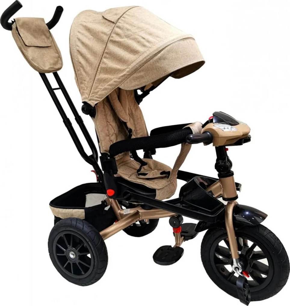 Tricicleta cu copertina NOVOKIDS Super Trike, Cu melodii si lumini, Roti din cauciuc, Pozitie somn, Scaun reversibil cu rotatie 360 grade, Crem