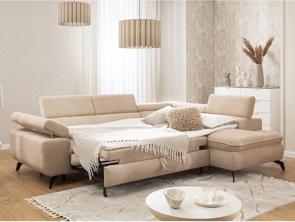 Colțar bej cu tapițerie din chenille (cu colț pe partea dreaptă/în formă de ”L”) Marbeya – Ropez