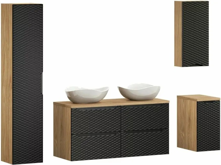 Set mobilier baie 120 cm 9 piese Comad Ocean stejar uleiat si negru mat