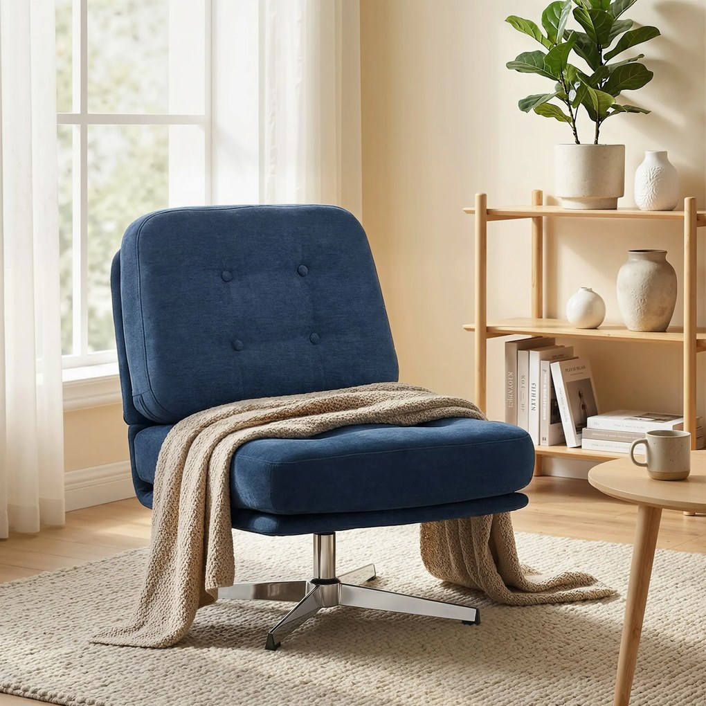 HOMCOM Fotoliu de Living Pivotant Îmbrăcat în Chenilă cu Șezut Lat, Fotoliu Modern pentru Dormitor cu Picioare Metalice, Albastru Închis | Aosom Romania