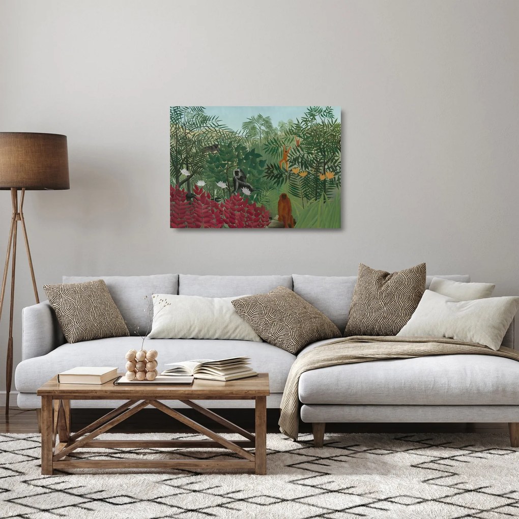 Tablou pe sticlă - Henri Rousseau, Tropical Forest with Monkeys, reproducere (70x50 cm)