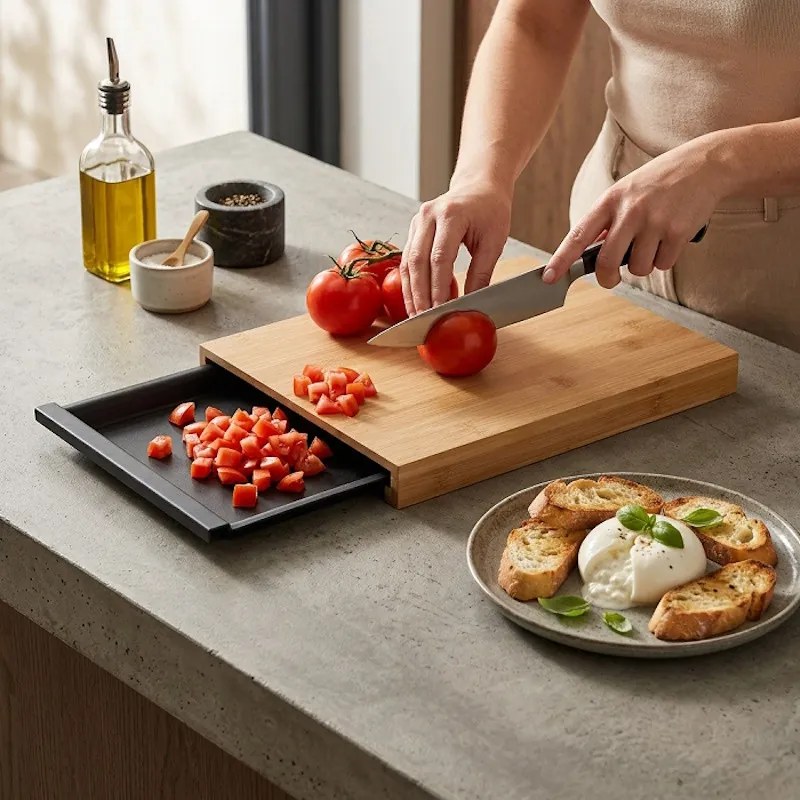 Tocator din bambus cu tava detasabila pentru colectarea resturilor Kesper 58358, 35,7 x 23,7 cm, Maro/Negru
