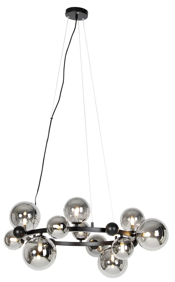 Lampă suspendată Art Deco neagră cu sticlă fumurie cu 12 lumini - David