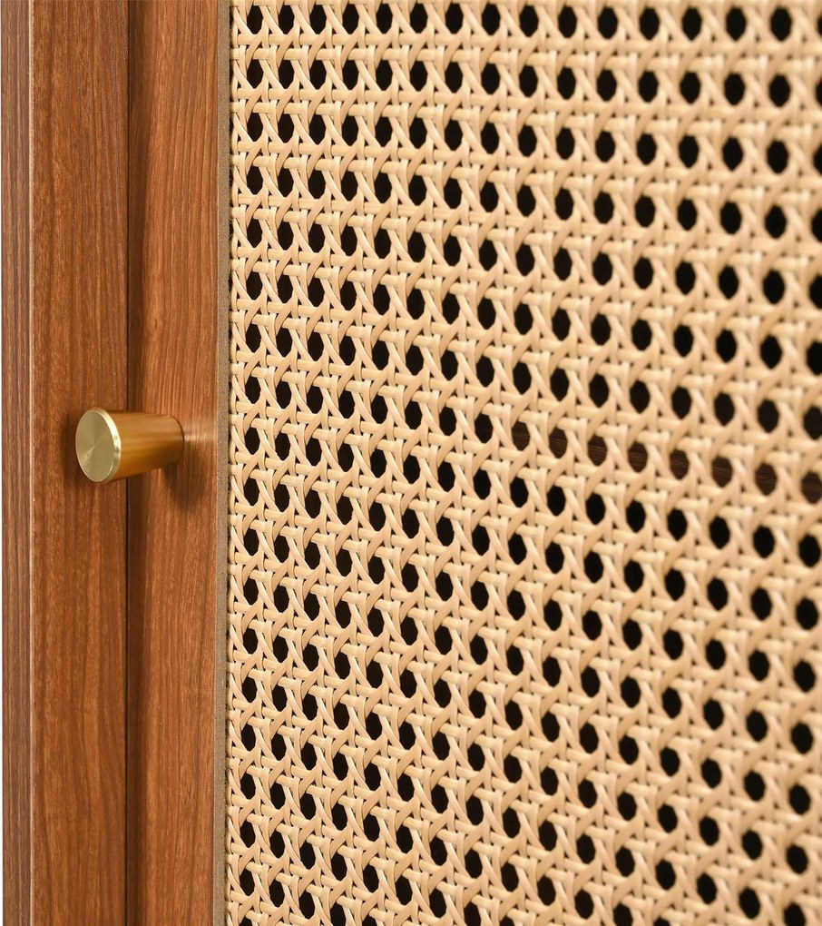 Comodă cu 3 sertare și 3 uși glisante, uși cu împletitură de ratan, 120×40×78 cm, Culoare naturală