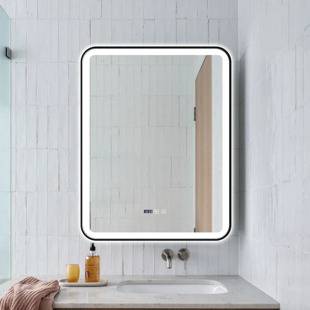 Oglindă Baie LED și Dezaburire Elit's Premium cu Senzor Touch, Lumina Rece, Caldă și Neutră, 70x90cm, cu rama Negru Antichizat, Ceas