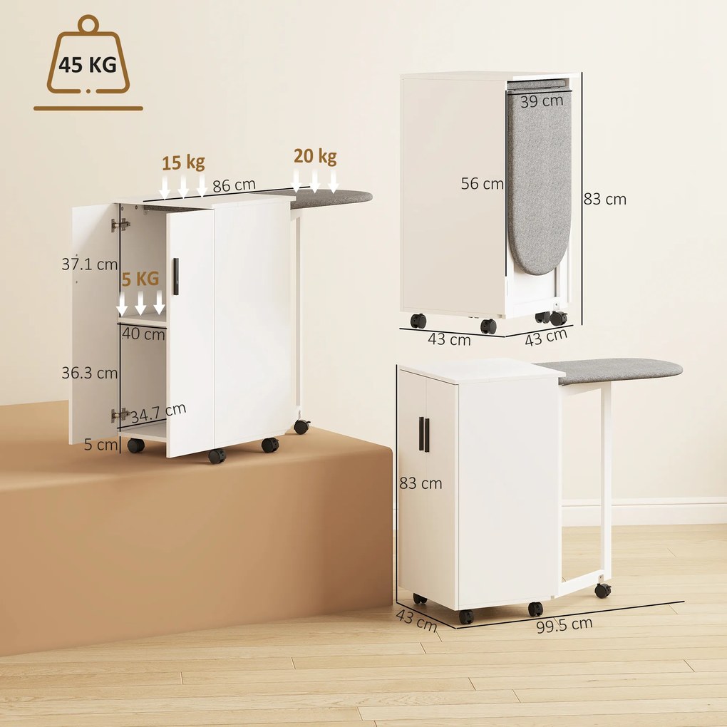 HOMCOM Dulap pliabil 2-în-1 pentru masă de călcat pe roți, cu masă de călcat și raft reglabil pentru spații mici, alb | Aosom Romania
