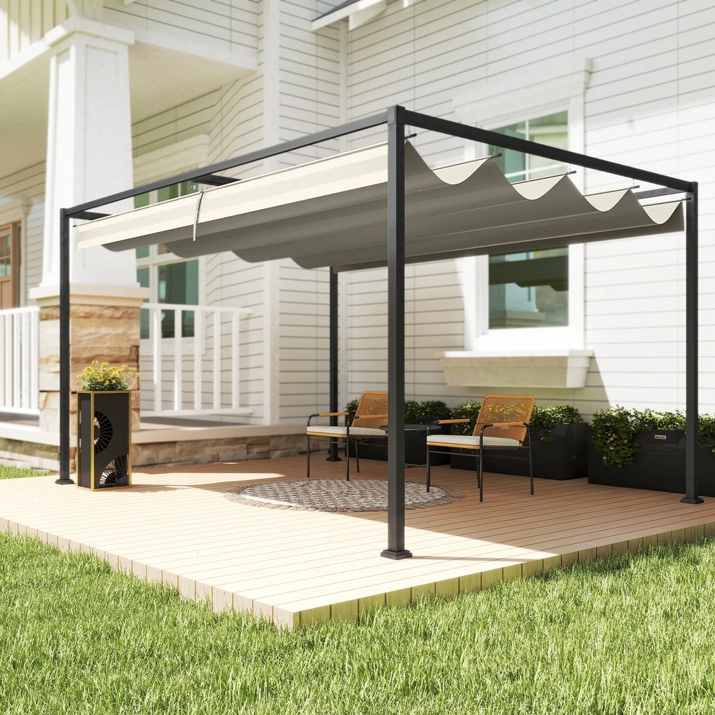 Outsunny Pergolă Gazebo 3x2 m cu Acoperiș Retractabil, Orificii de Drenaj, Țăruși și Șuruburi, Pergolă din Metal și Poliester pentru Exterior, Crem | Aosom Romania