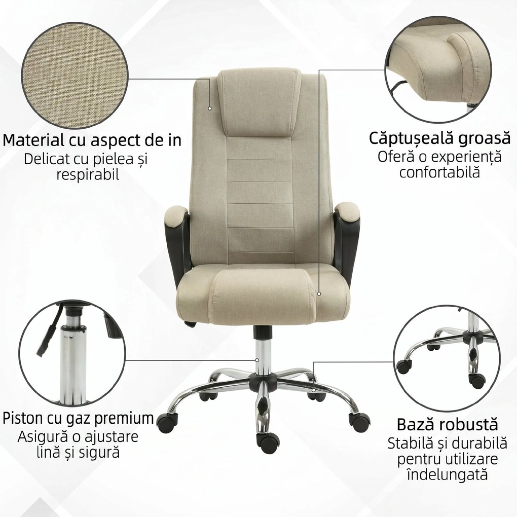 Vinsetto Scaun de Birou Ergonomic, Rotativ și Înclinabil, din Țesătură cu Aspect de In, cu Tetieră, Bej | Aosom Romania
