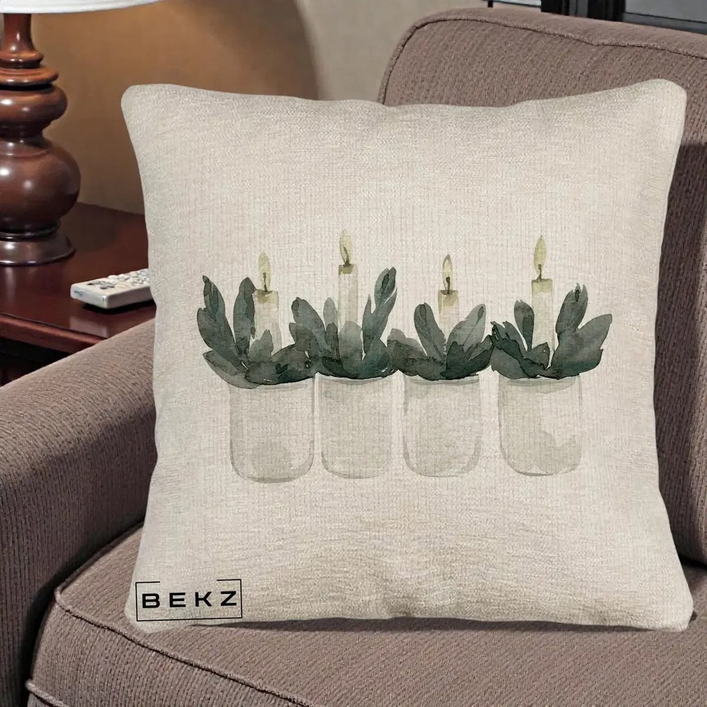 Perna Decorativa Lumanari Advent in Borcane, 40x40 cm, Bej Canapea, Husa Detasabila, Perna Inclusa, BEKZ®