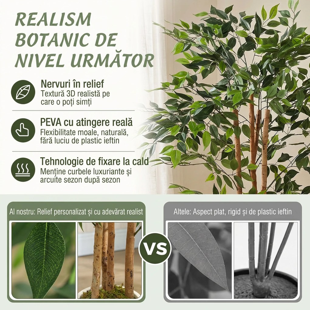 HOMCOM Plantă artificială Ficus Banyan din PEVA și lemn, cu ramuri flexibile și ghiveci din PP și ciment | Aosom Romania