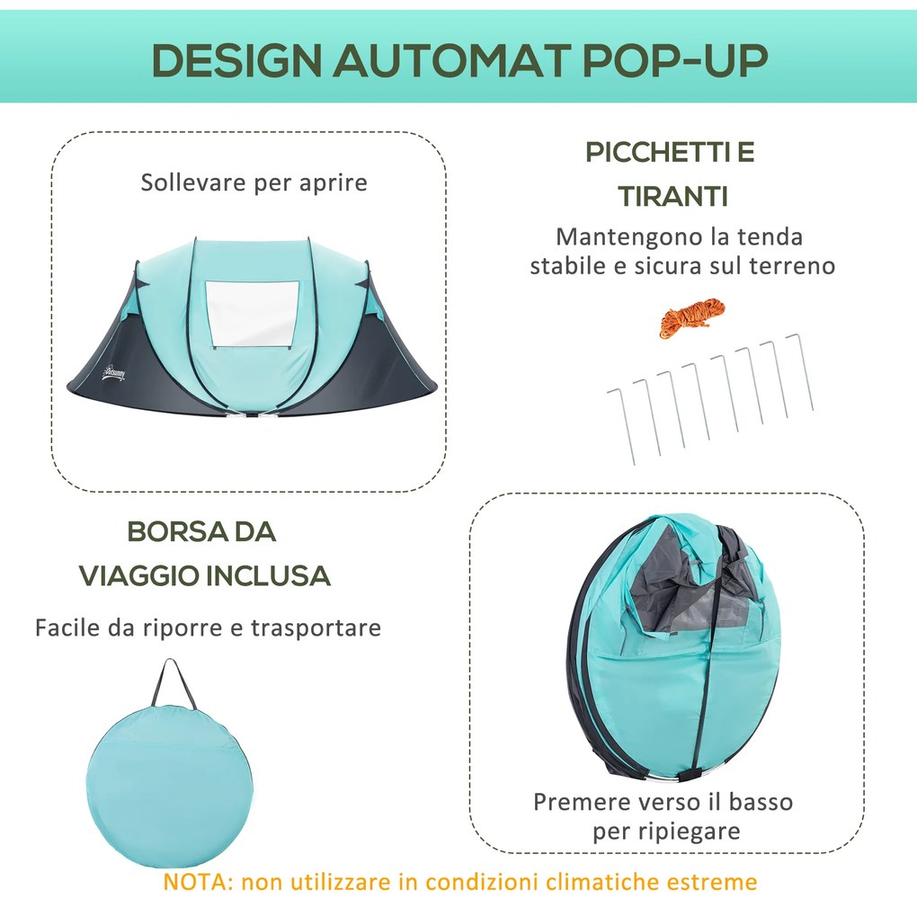 Outsunny Cort Camping 4 Persoane, Cort Automat Pop-up Iglu, 286x209x122 cm, Albastru deschis | Aosom Romania