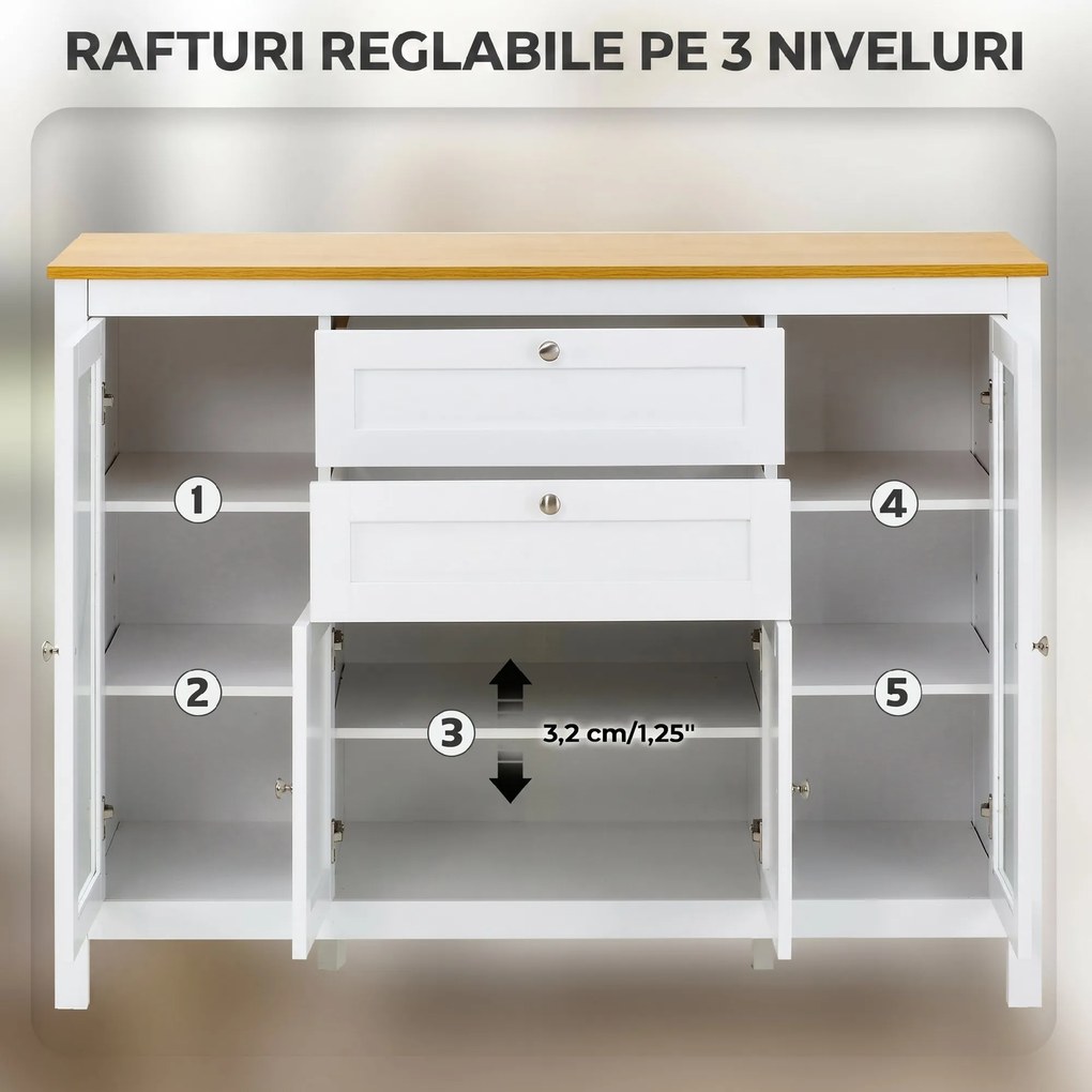 HOMCOM Comodă de Bucătărie, Mobilier de Bucătărie cu 2 Sertare, 3 Dulapuri, Blat de Lucru din Caucciuc, Bufet cu Uși din Sticlă, Rafturi Ajustabile, pentru Sufragerie, 120x40x90cm, Alb | Aosom Romania