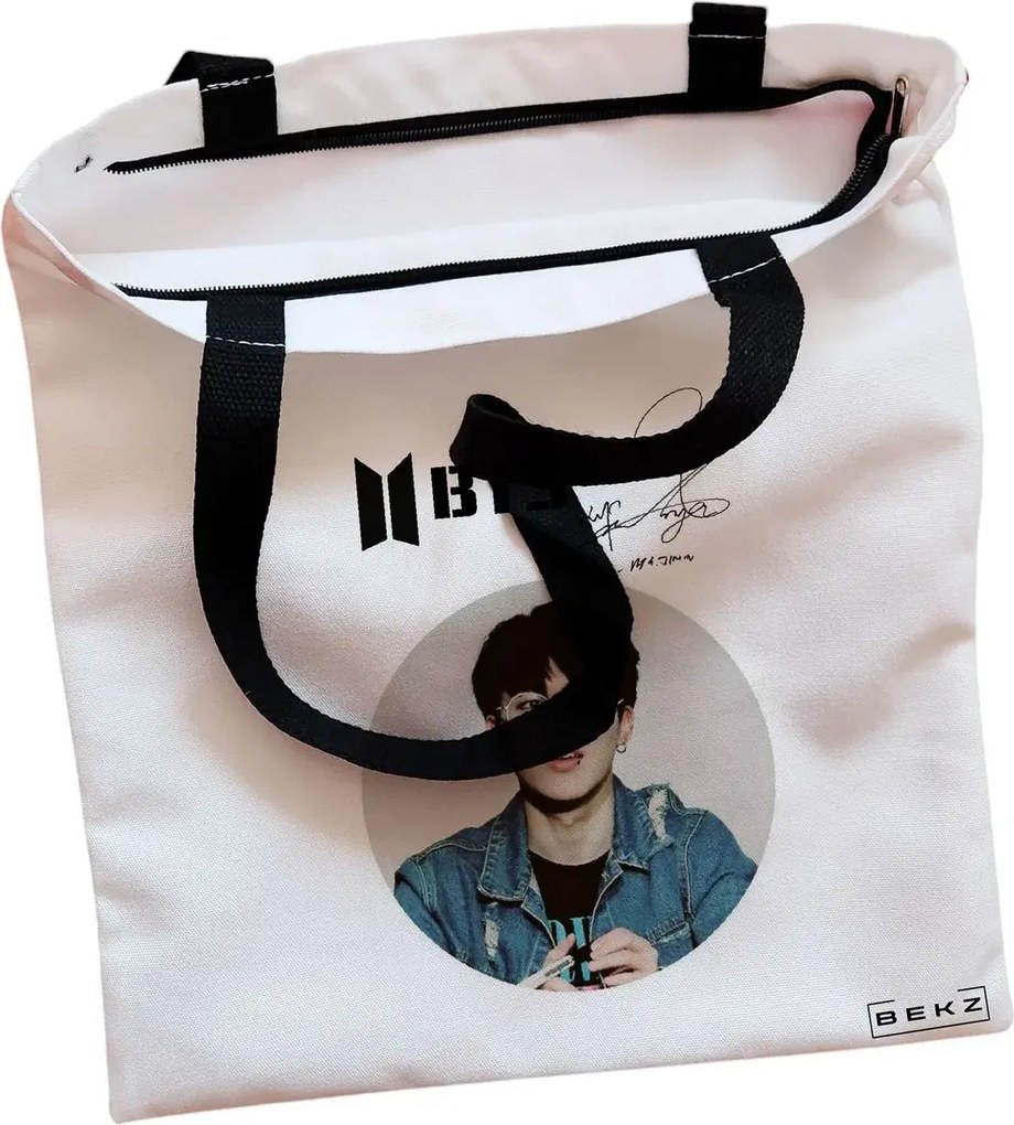 Sacosa de Panza pentru Cumparaturi, Geanta Tote, model BTS Jimin cu semnatura, Cu fermoar, 38x34.5 cm, Alba, BEKZ®