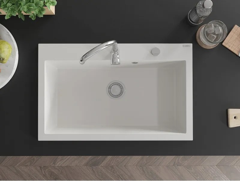Mexen Elix chiuvetă de bucătărie din granit cu 1 compartiment 800 x 500 mm, alb, sifon crom - 6527801005-20