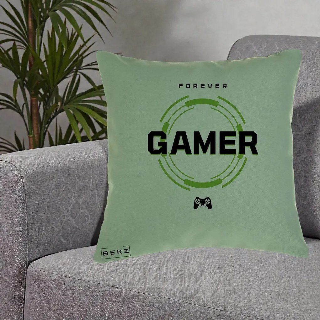 Perna Personalizata Forever Gamer, 40x40 cm, Verde, Husa Detasabila, Perna Inclusa, BEKZ®