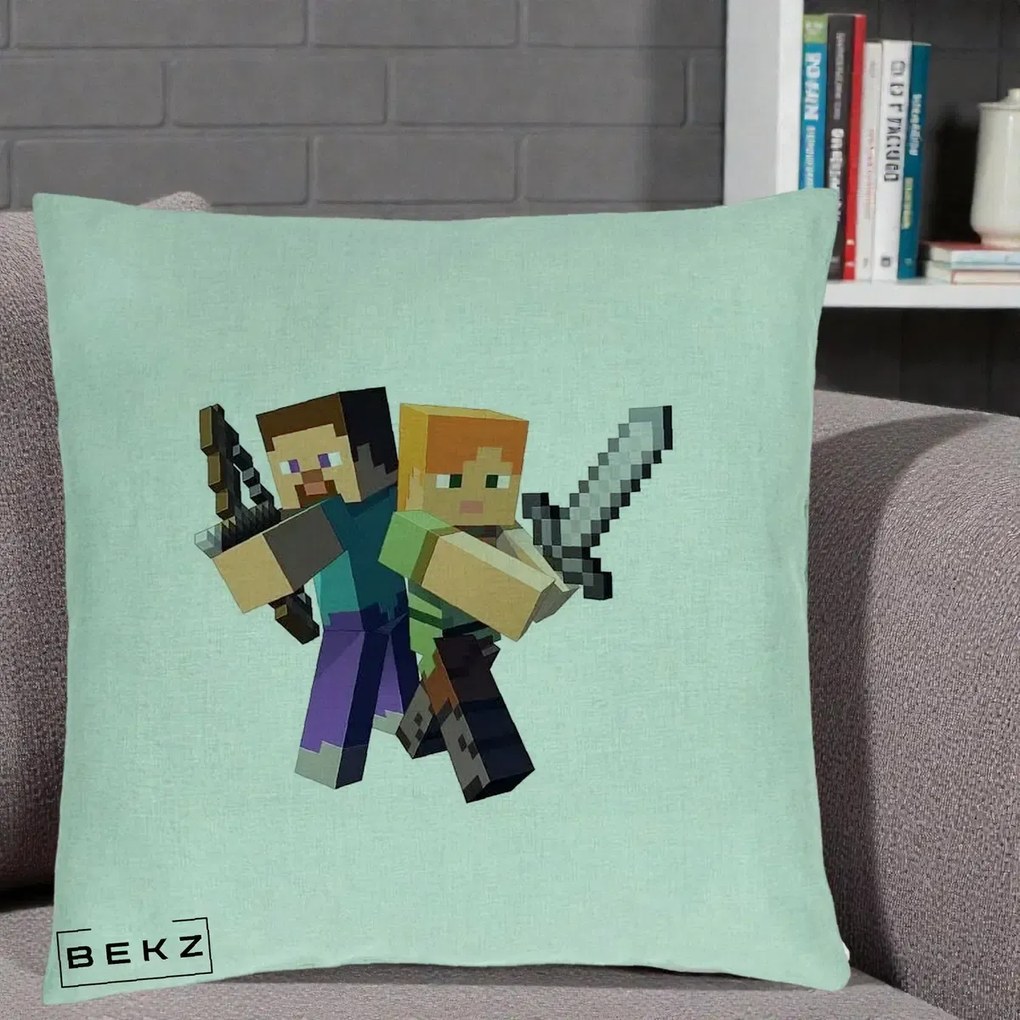 Perna Personalizata Minecraft Steve si Alex, 40x40 cm, Verde Menta, Husa Detasabila, Perna Inclusa, BEKZ®