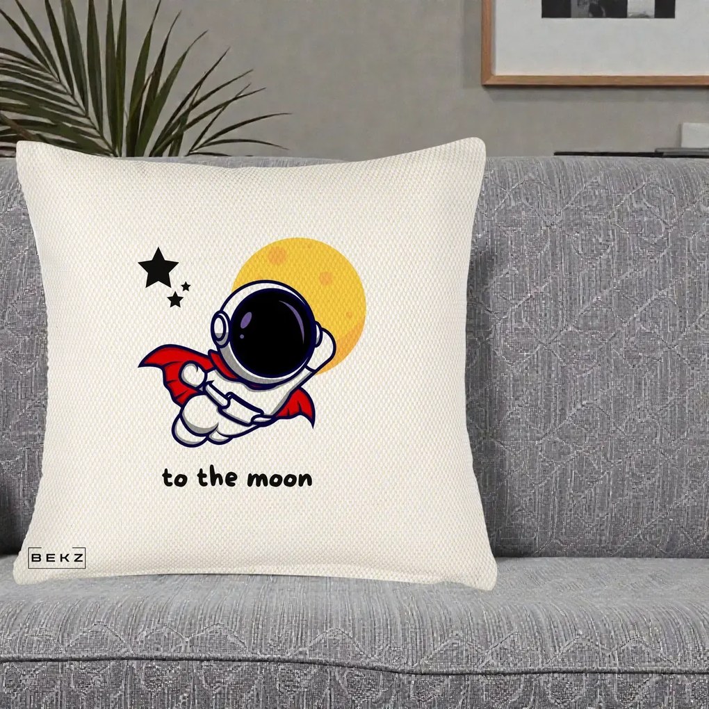 Perna Decorativa Astronaut To The Moon, 40x40 cm, Crem Reliefat, Husa Detasabila, Perna Inclusa, BEKZ®