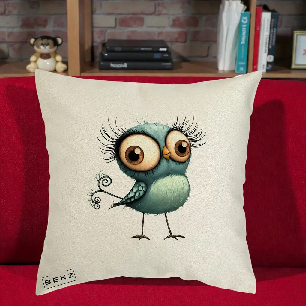 Perna Decorativa Pasare Teal cu Gene si Coada Spiralata, 40x40 cm, Ecru, Husa Detasabila, Perna Inclusa, BEKZ®