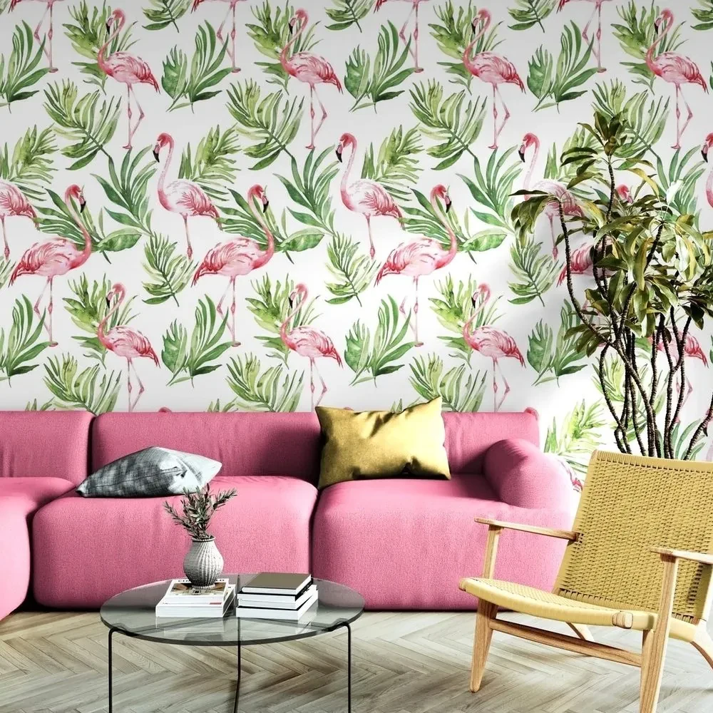 Tapet flamingo de acuarelă cu frunze