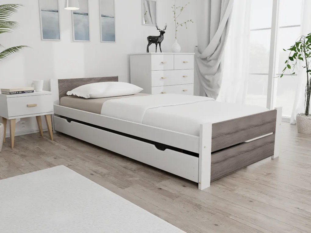 Pat de o persoana IKAROS DOUBLE 90 x 200 cm, alb/stejar trufa Saltele: Cu saltele Coco Maxi 20 cm, Somiera pat: Cu lamele drepte