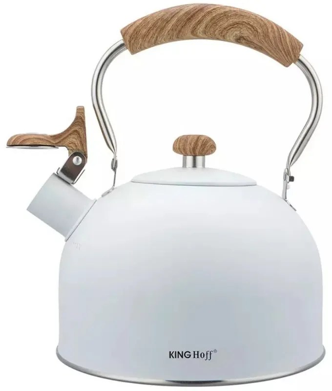 Ceainic cu fluier Kinghoff KH 1860, 2.5l, Inductie, Maner din lemn, Alb