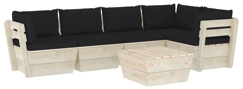 Set mobilier gradina din paleti cu perne, 6 piese, lemn molid Negru, 2x mijloc + 3x colt + masa, 1