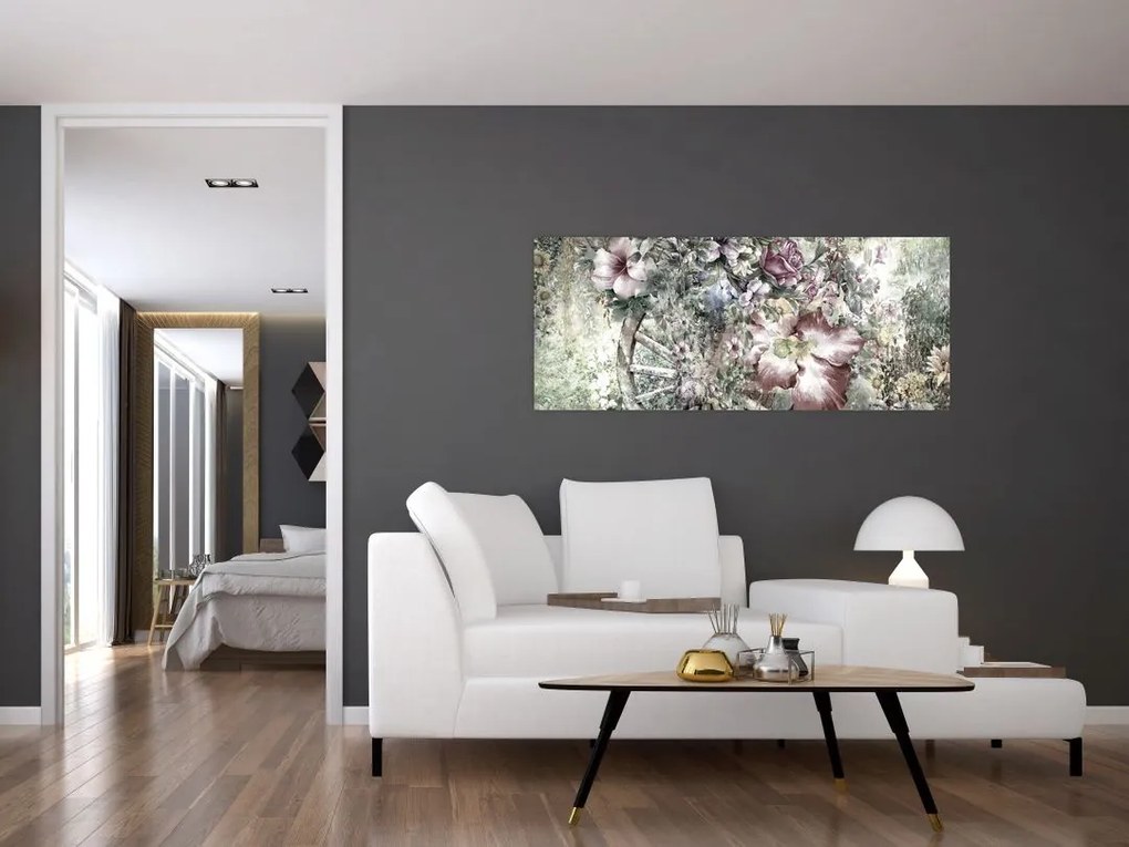 Tablou - Flori pe roata de lemn (120x50 cm)