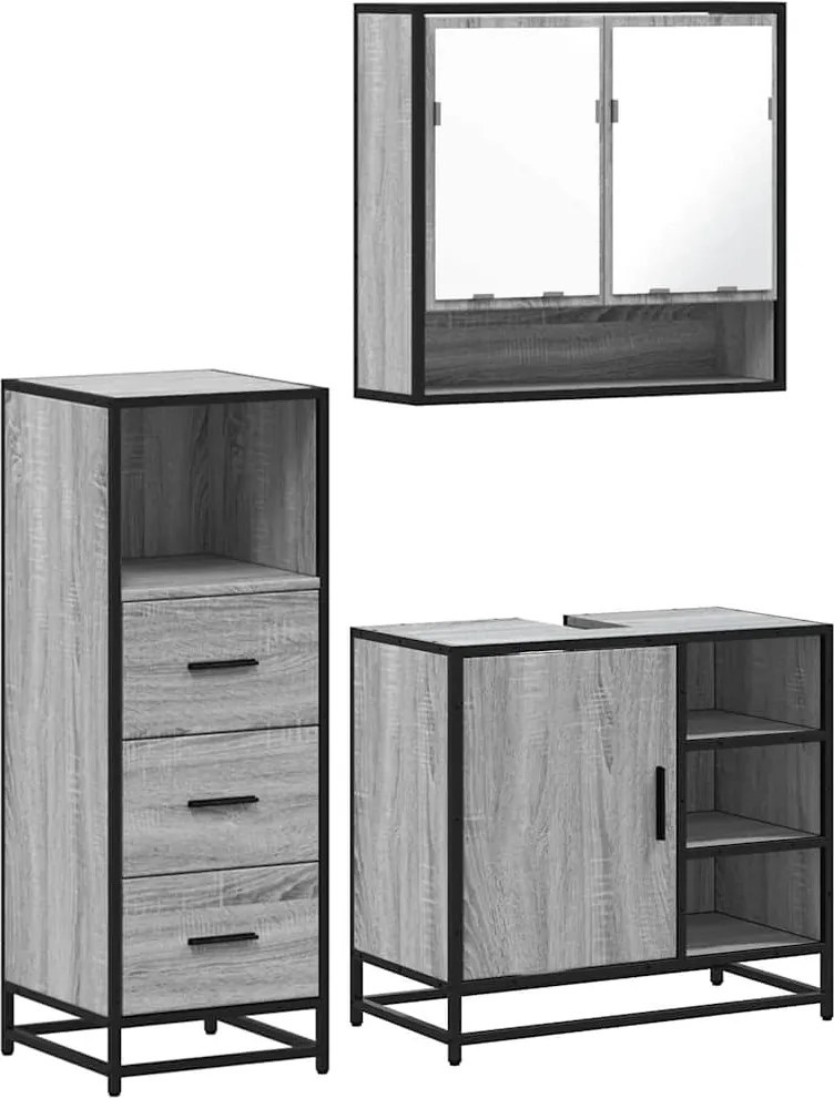vidaXL Set mobilier de baie, 3 piese, gri sonoma, lemn prelucrat