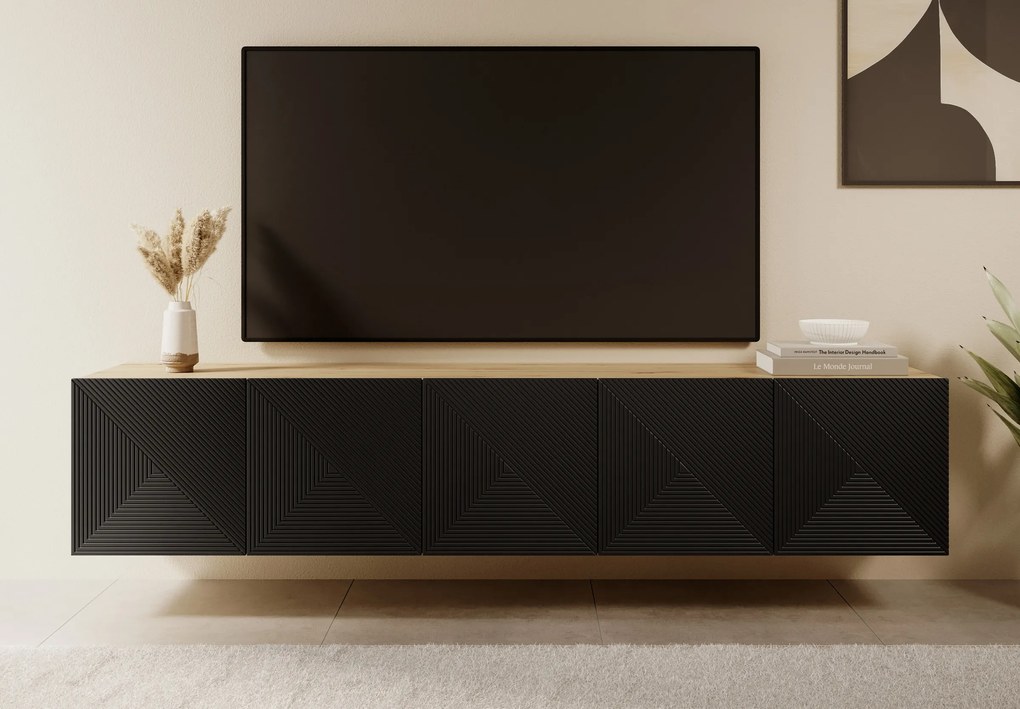 Comodă TV suspendată Asha 200 cm, partea frontală riflat – stejar artisan / negru mat